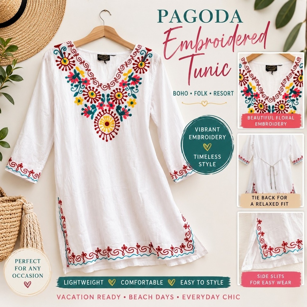 Vintage Style Pagoda Embroidered Peasant Tunic White Boho Folk Hippie Top M